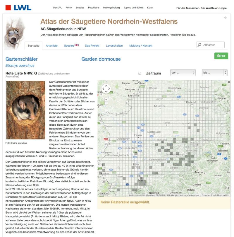 Säugetierbeobachtungen können über die Internetseite http://www.saeugeratlas-nrw.lwl.org gemeldet werden. Screenshot: LWL