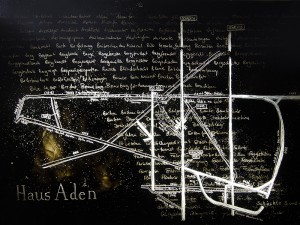 Der Plan des Bergwerks von Haus Aden mit unzähligen Bergbau-Wörtern im Hintergrund.