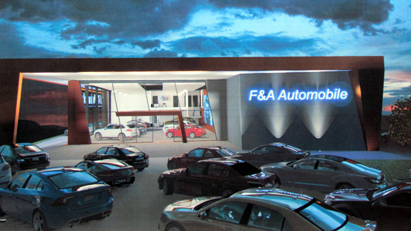 So soll nach den Vorstellungen des Architekten das neue F & A-Autohaus bei Nacht wirken.