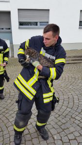 Feuerwehrmann mit der geretteten Katze.