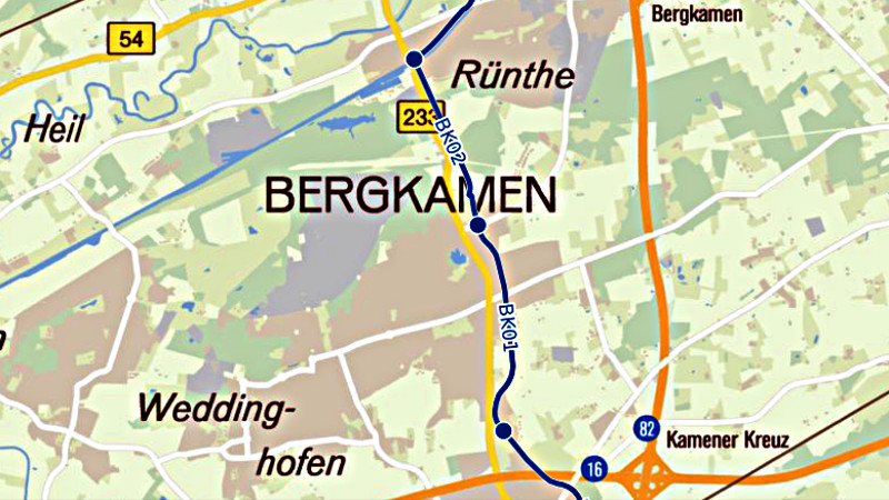 Der Verlauf des RS1 auf Bergkamener Stadtgebiet (blaue Linie). Karte: Metropole Ruhr