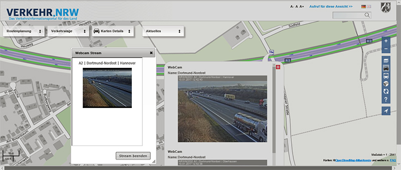 Kartesausschnitt für die A2 im Bereich Dortmund-Nordost. Die Fenster zeigen die Bilder von der Webcam in Fahrteichtung Hannover.