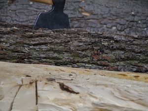 Vorher und nachher: Bis sich ein Baumstamm in einen verwertbaren Pfosten verwandelt, ist es per Handarbeit ein weiter Weg.